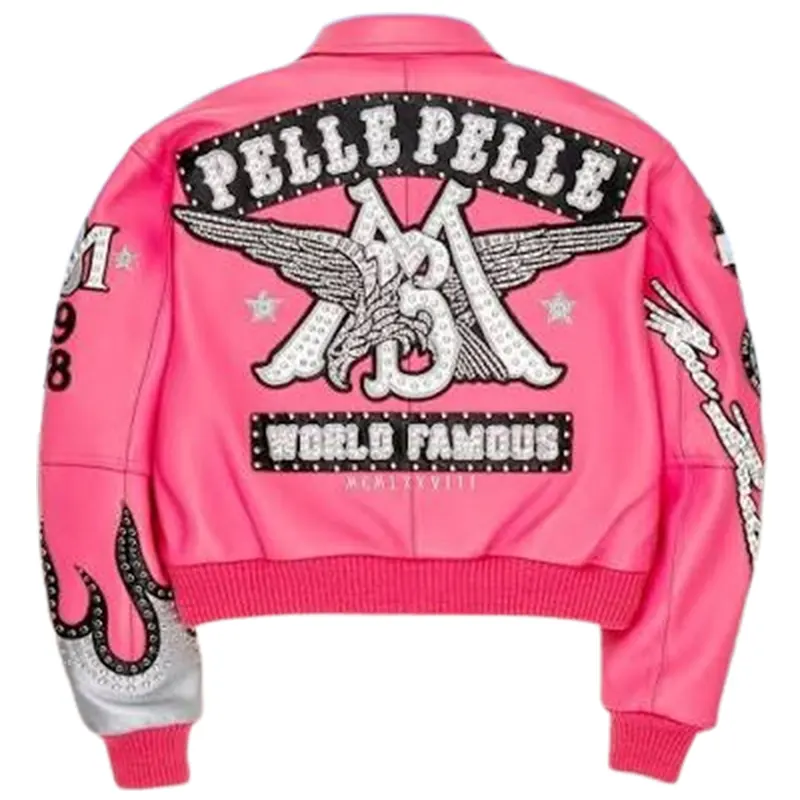 Men's High-quality PP Authentic WoMen's Pink Genuine Leather Embroidered Diamond Short Jacket - Image 2
