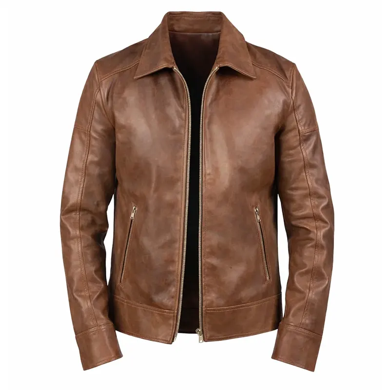 Reeves Men's Brown Shirt Collar Leather Biker Jacket