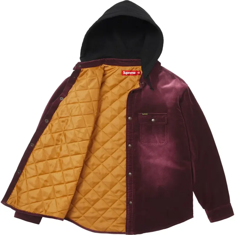 Supreme Plum Quilted Lined Hooded Velvet Snap Shirt - Image 2